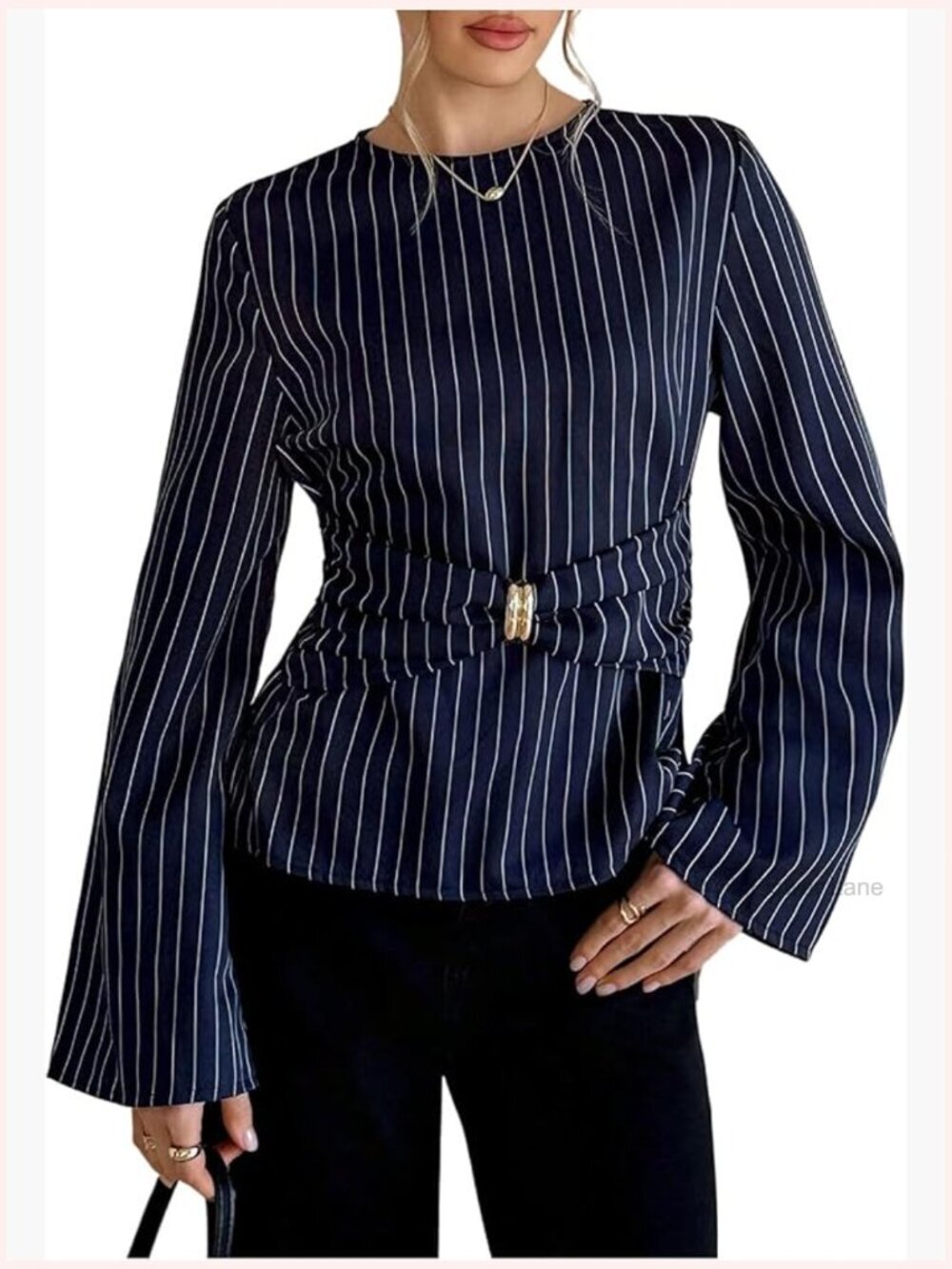 Bell Sleeve Striped Blouse Ruched Crew Neck Work Top
